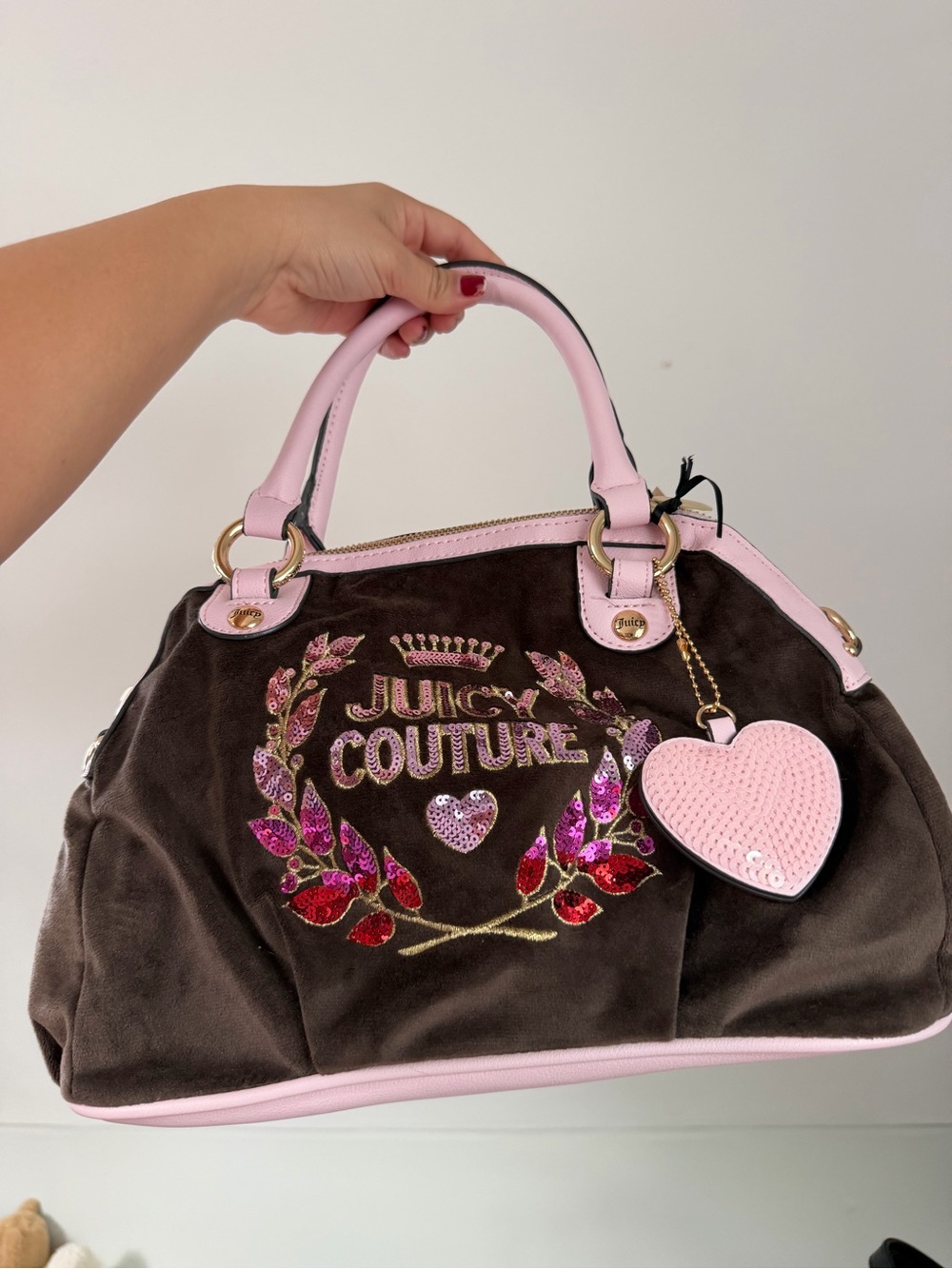 Juicy Couture Brown Velvet Satchel with Pink Trim & Heart Charm